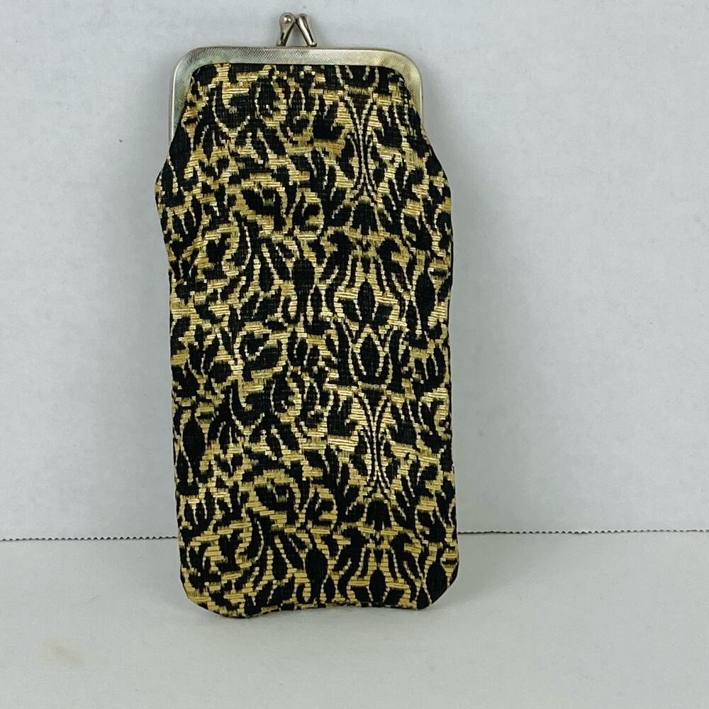 VTG Eyeglasses Case Womens Inner Lining with Pocket Black Gold Kiss Lock Floral